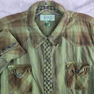RYAN‎ MICHAEL Western Plaid Pearl Snap Long Sleeve Shirt Green Brown Womens XL